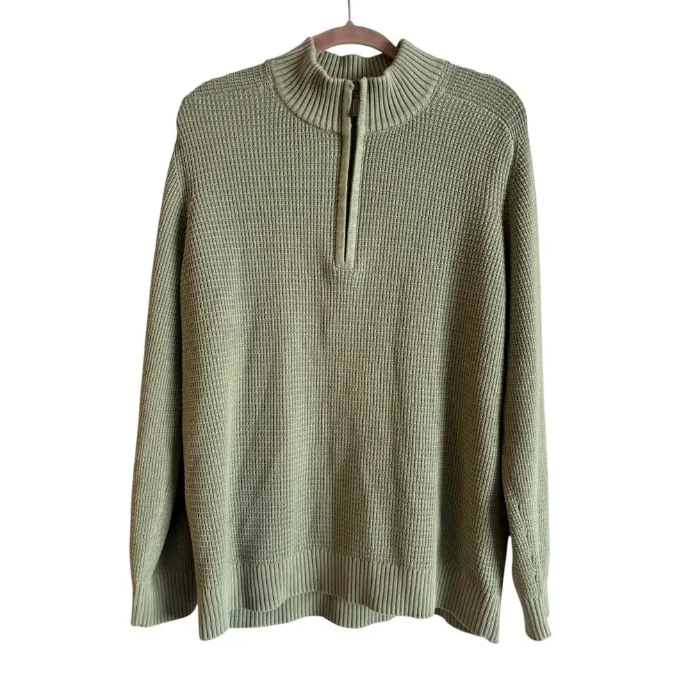 VTG L.L.Bean Men’s Quarter Zip Cotton Sweater Waffle Texture Large Green
